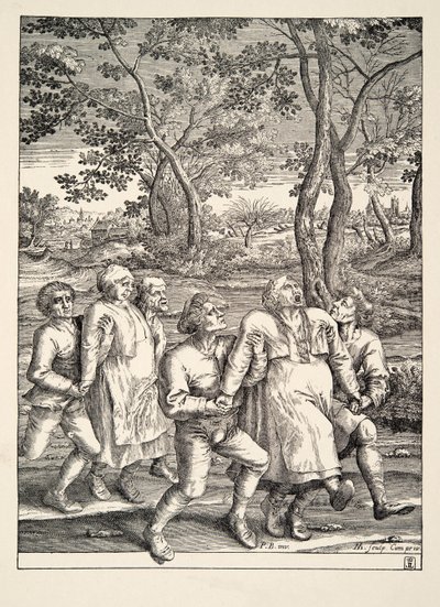 Twee groepen boeren die de Pelgrimstocht van Epilepsie volgen, c.1642 door Pieter Bruegel the Elder